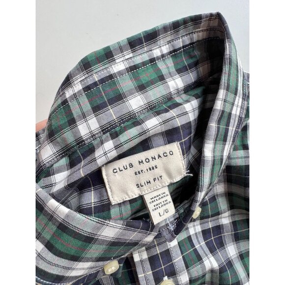 CLUB MONACO Navy Green Check Cotton Slim Fit Button Down Oxford Shirt, Size L - Picture 10 of 12